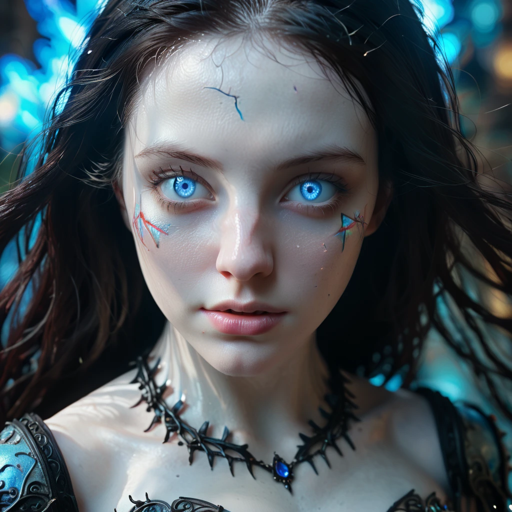 A stunningly beautiful woman with pale skin and dark hair gazes intensely at the viewer, her clear blue eyes captivating. The cinematic, fantasy-inspired scene is captured in a dynamic, hyperrealistic macro shot, showcasing exquisite hand-painted details and film-level textures. Bathed in magical, glowing light, the woman appears to be in a dreamlike state, the composition enhanced by glitch art effects and a ral-crztlgls style. The overall image is a visually stunning, award-winning masterpiece of photorealistic quality.