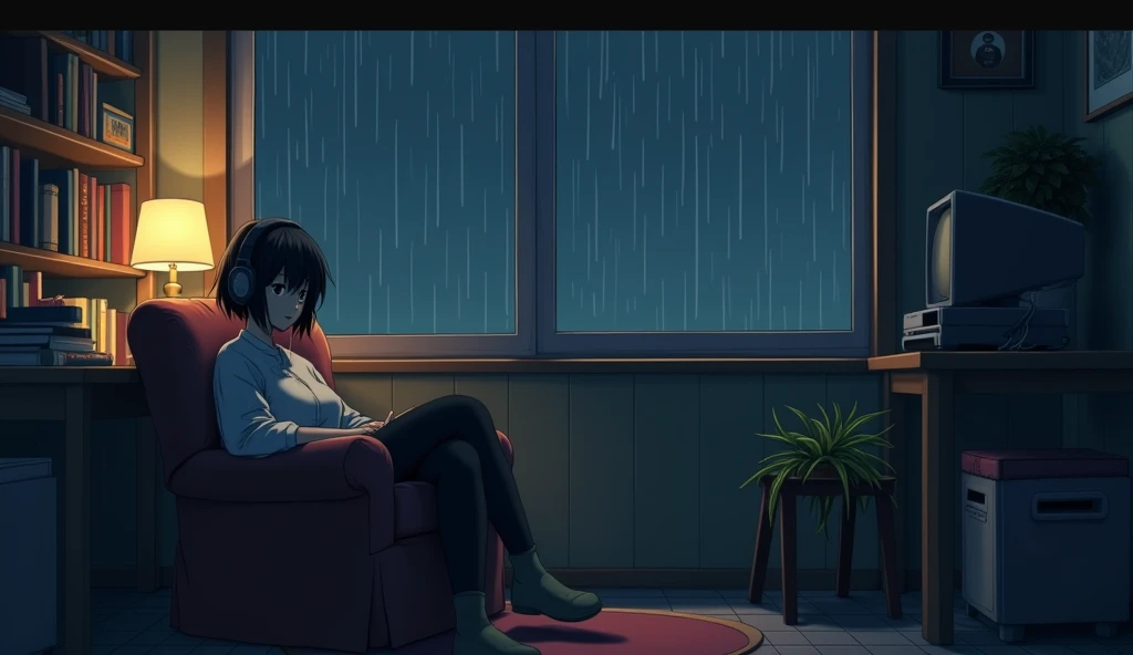Rainy night、Listen to music in a cozy room, Use headphones, 2D Style Anime, Lo-Fi, hard disk, Dark Environment