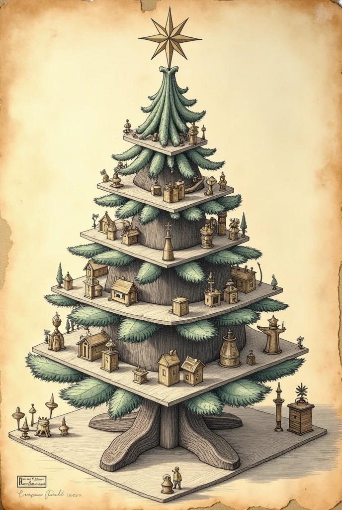 A technical drawing in ink on old parchment in the style of Leonardo Da Vinci's technical drawings, the device of a Christmas tree decorated with antique toys, is shown from different sides. separate details are shown separately, full compliance with Da Vinci's technical drawings.