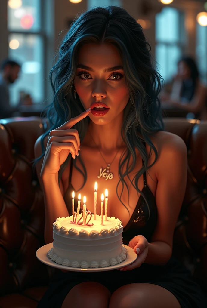 "A boring low-quality snapshot of a beautiful young woman with smeared makeup sitting next to a birthday cake with lit candles that says "Happy Birthday". She has an indifferent expression, conveying melancholy and rebellion, she has colorful hair, dyed in shades of blonde, pink and blue. Very blurry and out of focus photo, out of frame, a snapshot taken with kodak easyshare. She is lighting a cigarette next to the cake. The photo has a raw and homemade look, with a pale yellowish tone."