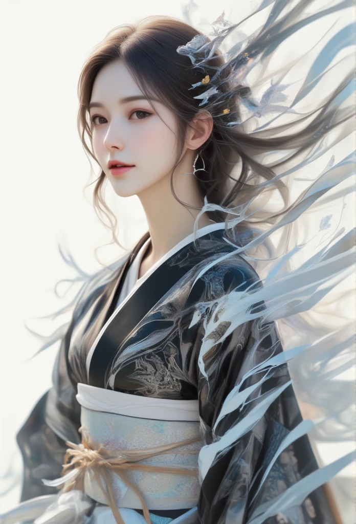 Fantasy style illustration , The woman in Fluid Fragments, morphing seamlessly between an array of abstract white and black compositions, each transformation transcending traditional definition and expectation.She is wearing Yukata coloured black and White.It felt as if half of her body dissolved into the wind, drifting away into the air.

surreal, (best quality, masterpiece, photorealistic), very aesthetic, perfect composition, intricate details, ultra-detailed, vivid colors, a motion blur in a dramatic moment.