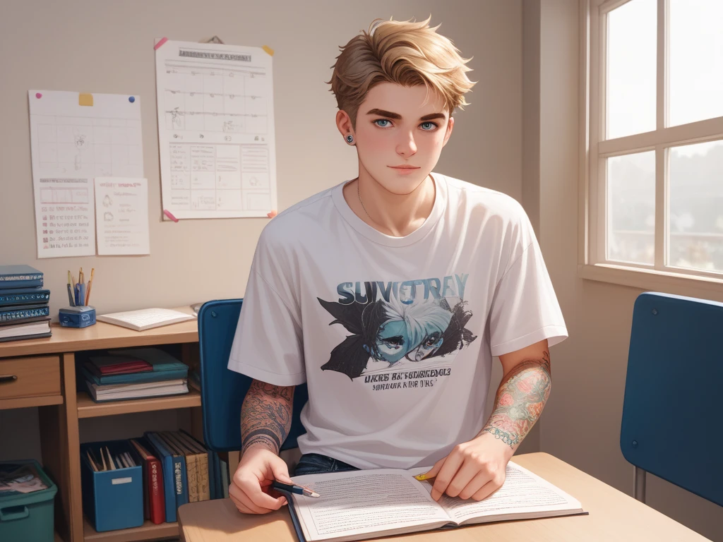Matthew: The Restless Artist
Age : 26 years
Description : A young man with untidy hair and tattoos on his arms , dressed in an oversized t-shirt and ripped pants . Always carries a sketchbook .
personality: creative, intense and sensitive , uses art as a way to deal with his emotions .
Prompt para imagem:
" A young man in a messy studio , with canvases painted in the background , while he draws in a notebook with a concentrated expression."