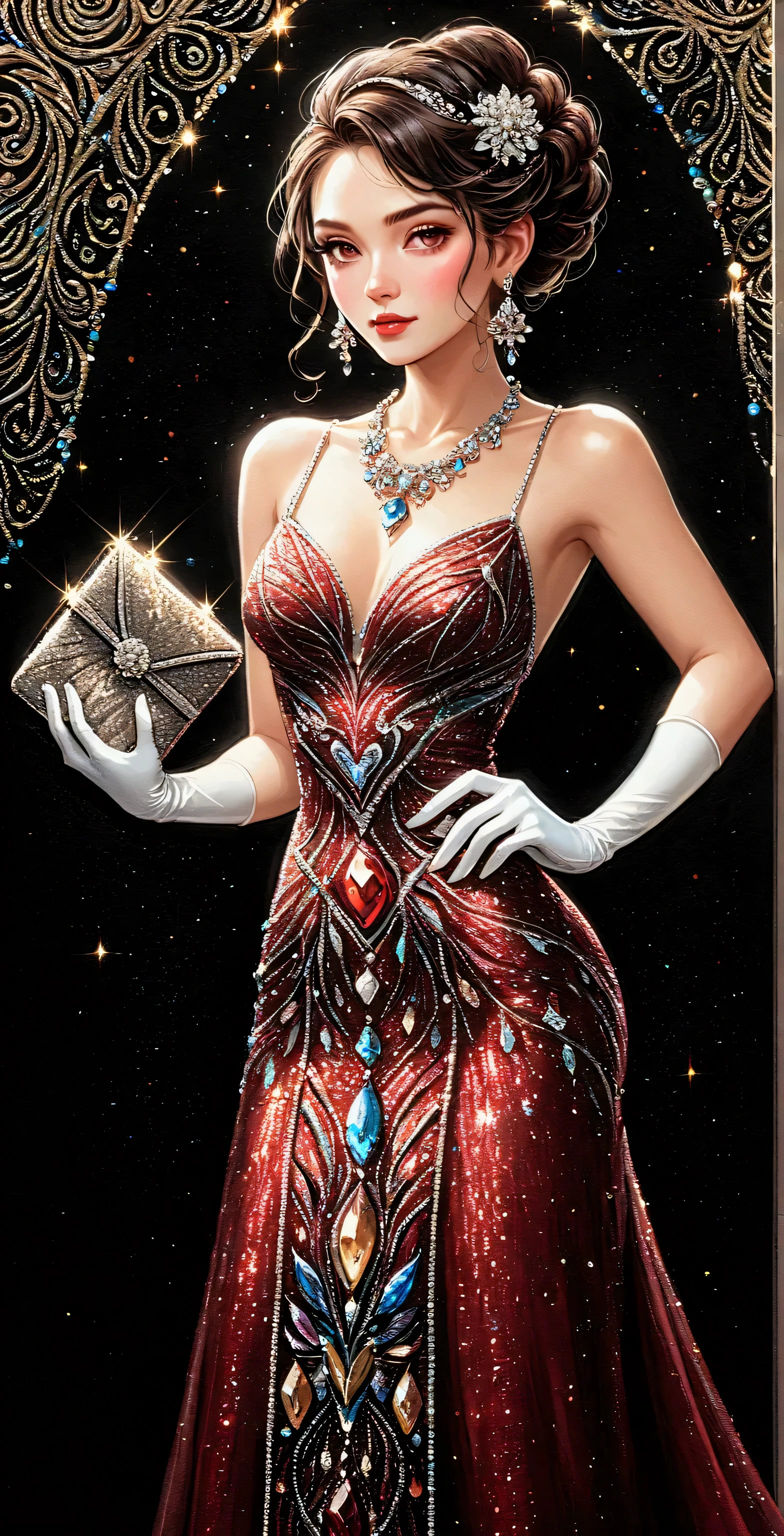 illustration of a woman with glitter dark red evening dress, (white long gloves), large necklace with diamonds, earrings, (Small brightly coloured bag with intricate beaded pattern), up-do hairstyle,
At the entrance to the venue,
Vivid contrasts, Gentle touch rendering, Accurate detail, high detail, Precision, High quality oil painting, Stunning beautiful touch rendering, Fantasy, (full_body shot)