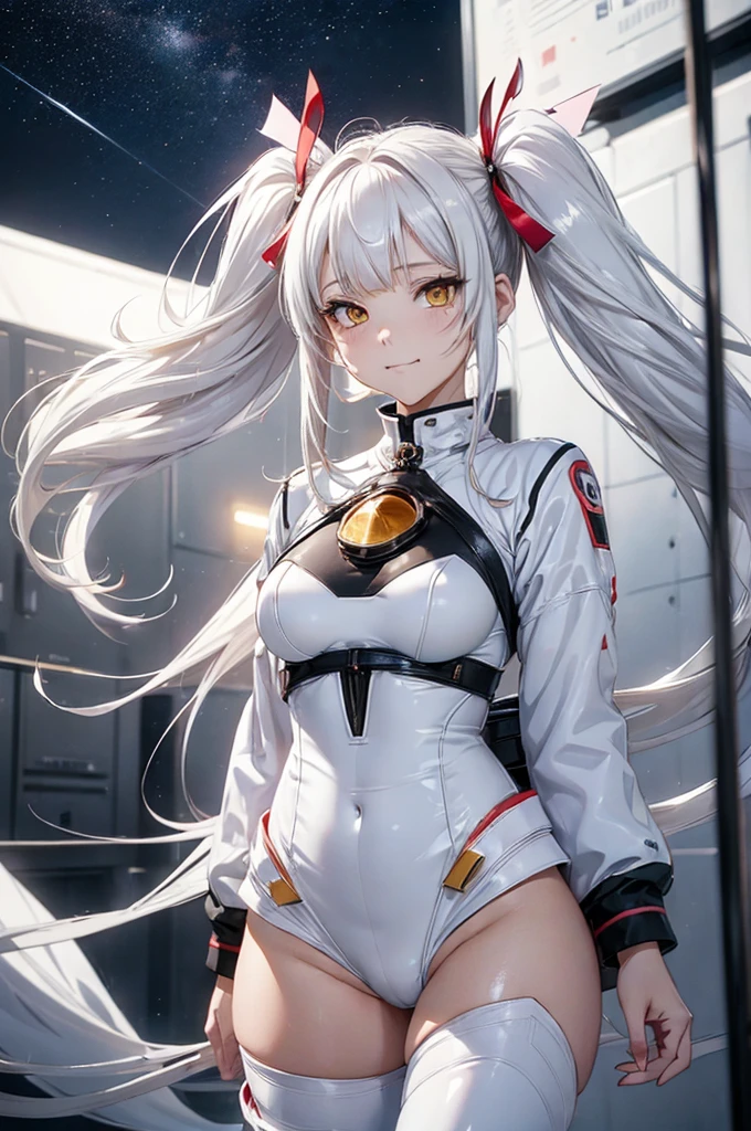 ((heterochromia )) (((double coulored eyes))) solo, white hair, red ribbon, headgear, ponytail, gradient hair, white coat, goggles, goggles around neck, red eyes, blue eyes, black sclera, blue flaming eye, white coat, sports bra, prosthetic arm, bandaged arm BREAK detailed shading, (((cowboy shot))), black pants, single pantsleg,
