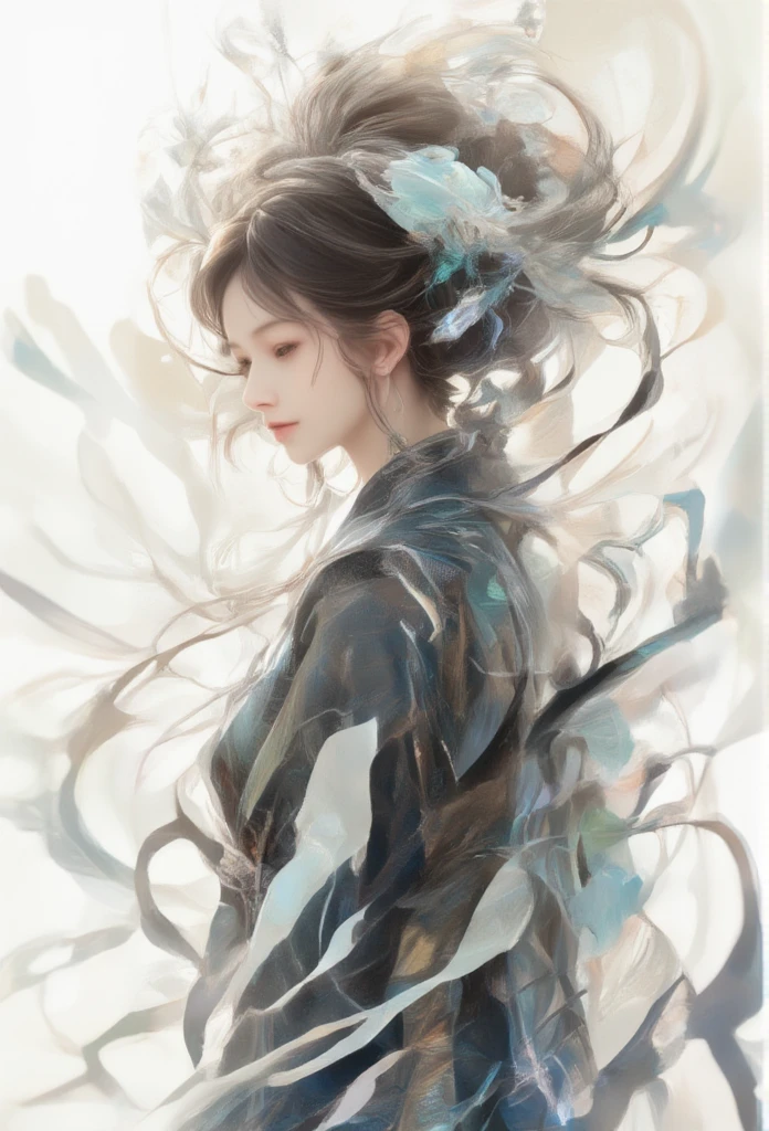 Fantasy style illustration , The woman in Fluid Fragments, morphing seamlessly between an array of abstract white and black compositions, each transformation transcending traditional definition and expectation.She is wearing Yukata coloured black and White.It felt as if half of her body dissolved into the wind, drifting away into the air.

surreal, (best quality, masterpiece, photorealistic), very aesthetic, perfect composition, intricate details, ultra-detailed, vivid colors, a motion blur in a dramatic moment.