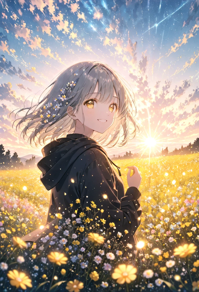 pastel、Glowing Picture  , One Woman ,look back, upper body, cowboy shots,Gray Hair, yellow eyes, black hoodie, see here, Smile and Stand in a Field of Flowers , Little Flower ,Hope for daytime scenery , Best Moment Seen from afar 