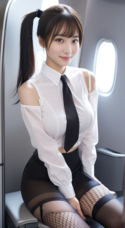 top-quality, ​masterpiece, 8k, 超A high resolution, (Photorealistic:1.4), 1girl in、Beautiful face、symmetrical eye、Colossal tits、Perfect body proportion、Stewardess uniform、Look at viewers、(Inside the plane:1.2)、front-facing view、Shoulder、Absolute area(1.3)、A smile　erotic school uniform、(( fishnet tights))、(( black stockings))、 the black bra under the blouse is visible 、 The skirt is turned over and the white panties are visible、Black tights with a strong sense of transparency 、((high-ponytail)).( The buttons on the blouse are all removed )、 brown eyes、 anatomically correct、 Reach Out、(小さな胸サイズ)、スレンダー