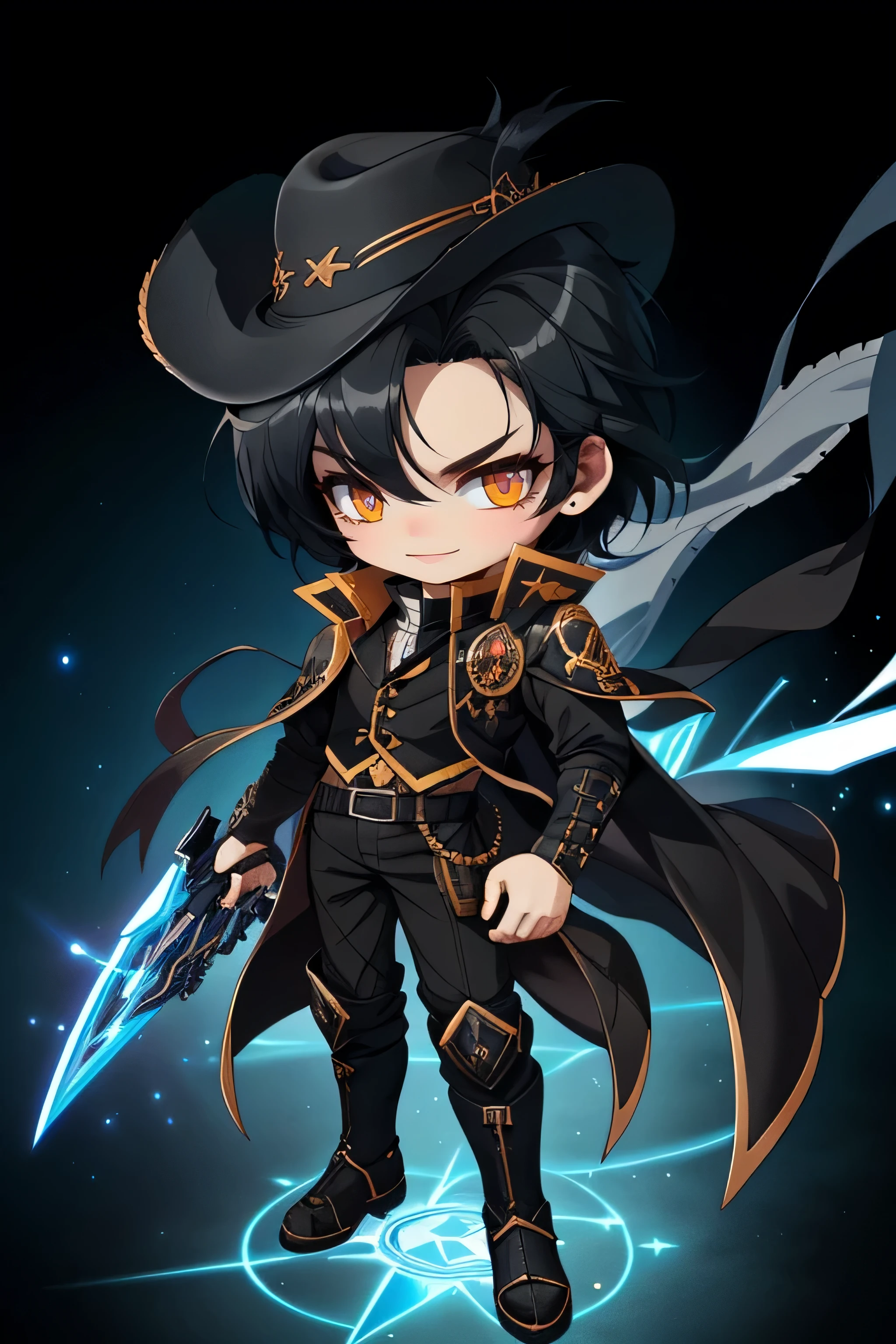 a close up of a person in a black suit and a black coat, handsome guy in demon slayer art, single character full body, anime full body illustration, male anime character, Game illustration style, outfit design, handsome anime pose, full body single character, full body character design, nsfw,(chibi:1.5), full body character design, (masterpiece, UHD, 8K, 16K, ultra detailed), source_anime, sfw, front view, 1boy, western gunslinger, Pistol in both hands, shooting posture, Shooting pose jumping backwards, exploding gunpowder, magical black flames, vest, pants, boots, black coat, short hair, black cowboy hat, green eyes, glare, expressionless, western saloon background, dramatic ambient