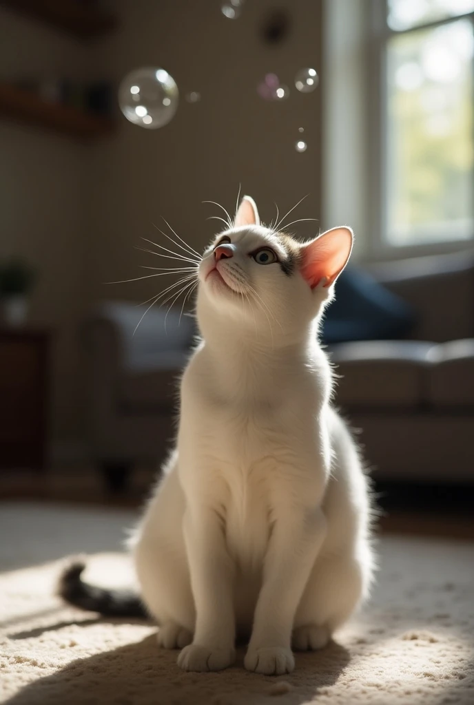A still moment in the living room where the white cat with black spots is sitting on its haunches, looking up at the ceiling with a confused expression. Above, tiny traces of soap bubble residue catch the light. The room is softly lit, with scattered items hinting at the recent activity.