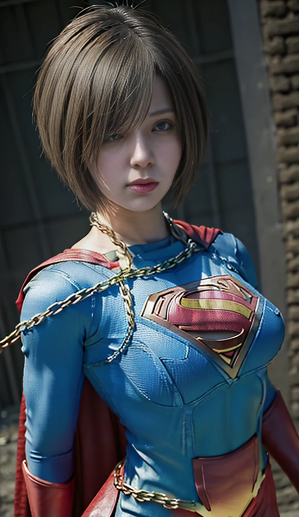 ​masterpiece、 shorthaired supergirl in chains、 big full breasts、 looking at camera、 shiny costume 、Tattered Costume、injury、 Dungeons 、 slave,  expose my chest:1.5,  Big Breasts ,