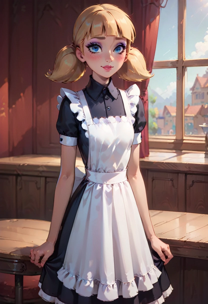 score_9, score_8_up, score_7, 1girl, solo, penny_ig, (adult body:1.2), perfect eyes, slim body, small perky breasts, small butt, narrow hips, blonde hair, twintails, blue eyes, makeup, eyeliner, eyeshadow, lipstick, shy smile, l0ngm41d, short sleeves, bow, erotic apron, short maid dress, frilled apron, posing sensually, crowded cafeteria