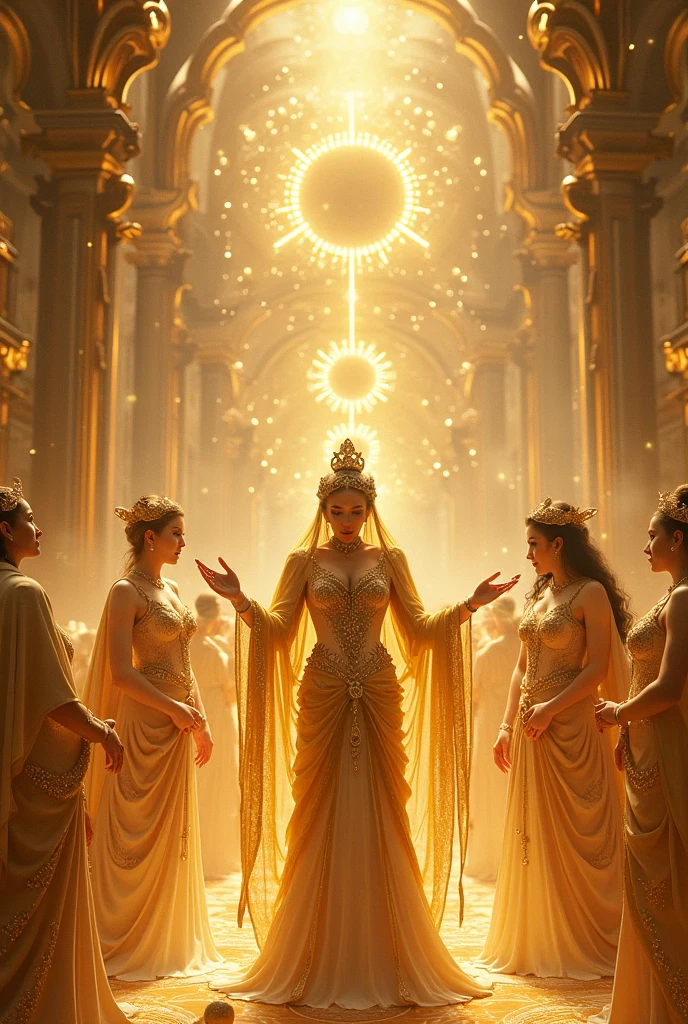 Three angels of light, with outstretched wings, surrounding a large golden crown suspended in the air. The crown shines brightly, and in the background, a heavenly sky filled with brilliantly colored lights and auroras. The floor below is made of clear crystal, reflecting the heavenly light, creating a sense of purity and holiness.