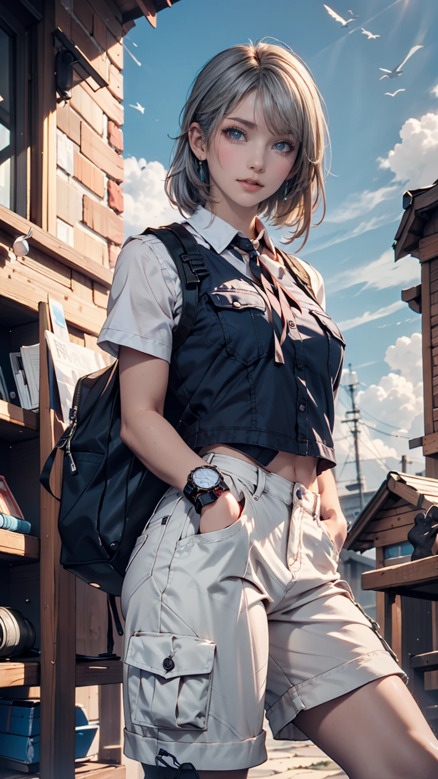 24 year old Caucasian female、 blue eyes、Eye Makeup、 lip gloss、 Silver Hair、Chignon、cameraman vest ( with lots of pockets)、watch、Short sleeve shirt、 cargo pants with dowels 、 sneakers、 SLR camera ( hangs from the neck )、blue sky、cloud