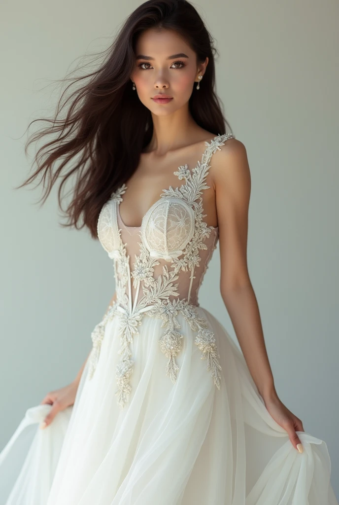 Beautiful young princess with black hair and blue eyes, She is wearing a beautiful long white dress