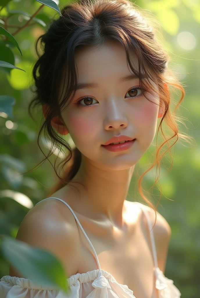 Two eyes of Sofia with a small smile and in the back there is a blurry park with green trees. 