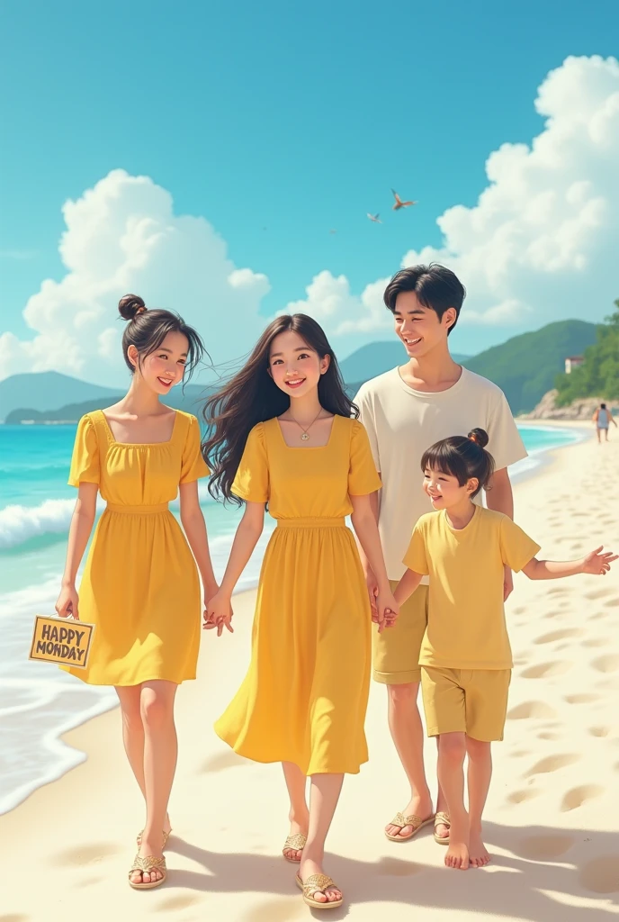 araffe family walking on the beach holding hands and smiling, lifestyle, family, wearing green clothing, ao dai, green clothes, ad image, happy family, mixed art, sea - green and white clothes, on beach, family photo, wearing green, photoshoot, casual green clothing, green clothing, backdrop, profile pic, son, resort, tiffany, green hue