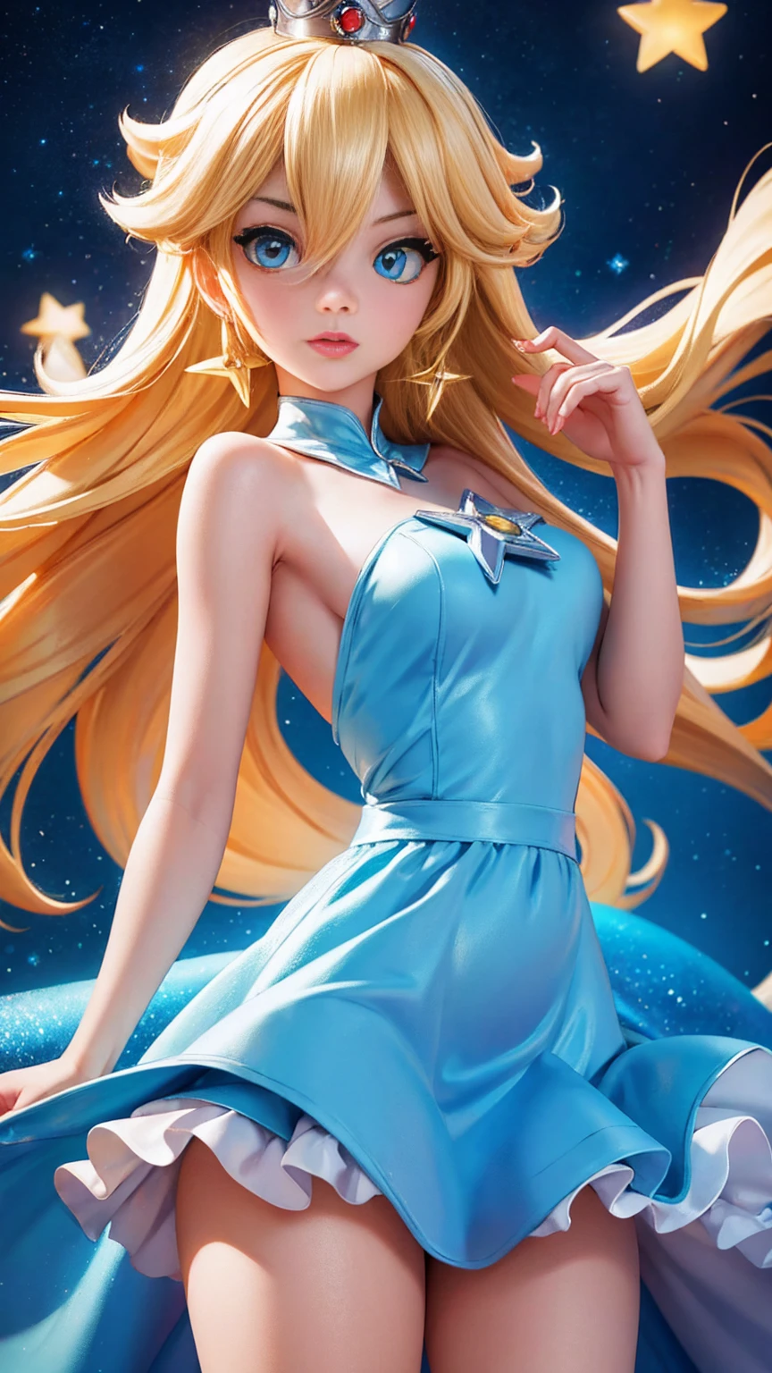 4K Ultra HD, masterpiece, A girl with a magical aura, Nice face, Long Hair, Shiny Hair, Detailed eyes, Glossy Lips, Blue ta Costume, Aura around the body, Magical Effects, Spreading white light, Cosmic elements and ethereal atmosphere, A mix of bright lights and colorful nebulae, Space Background, Perfect body,