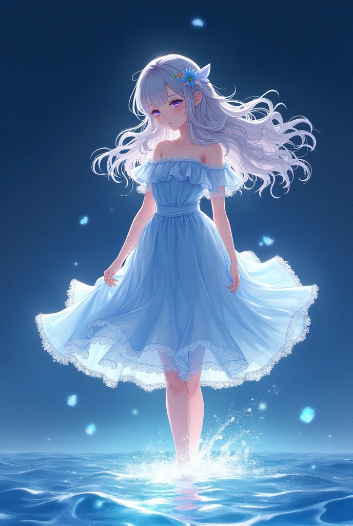 the girl walking on surface of the water, ligne claire, watercolor medium, full body, from side, beautiful detailed fullbody, long gray hair, curly hair, Air bangs, beautiful detailed hair, Beautiful face, flat , Lavender eyes, extremely detailed lace, hair bow, flower, frilled dress, ribbon-trimmed sleeves, insanely detailed frills, pale blue Clothes, beautiful detailed glow, night sky, Floating light spot, glistening light of waves, extremely detailed, wallpaper 8k CG, hyper quality,