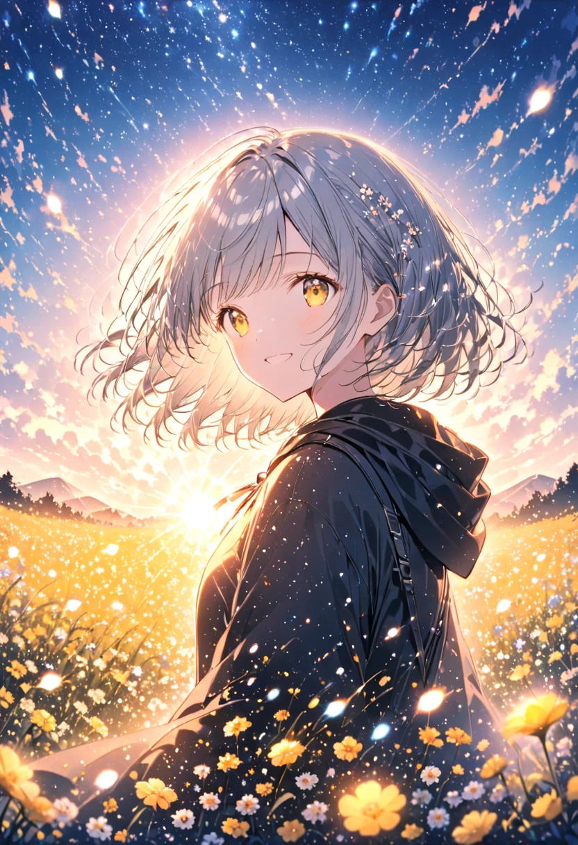 pastel、Glowing Picture  , One Woman ,look back, upper body, cowboy shots,Gray Hair, yellow eyes, black hoodie, see here, Smile and Stand in a Field of Flowers , Little Flower ,Hope for daytime scenery , Best Moment Seen from afar 