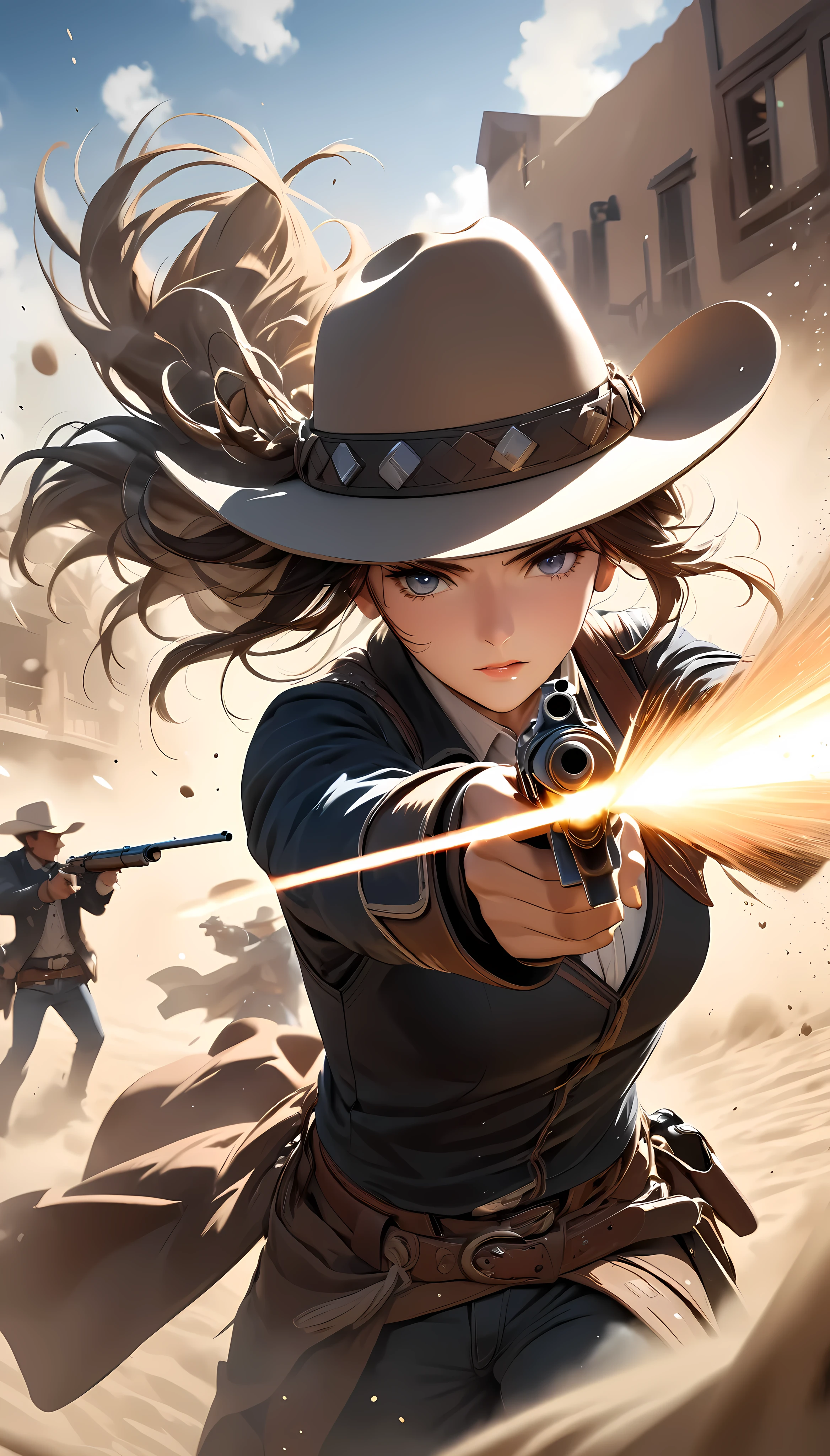 High purity, ultra-clear image quality, Western Cowboy, gunner, duel of Early firing, Dust dances in front of the bar, the stillness that takes your breath away. Dynamic, close-up, 