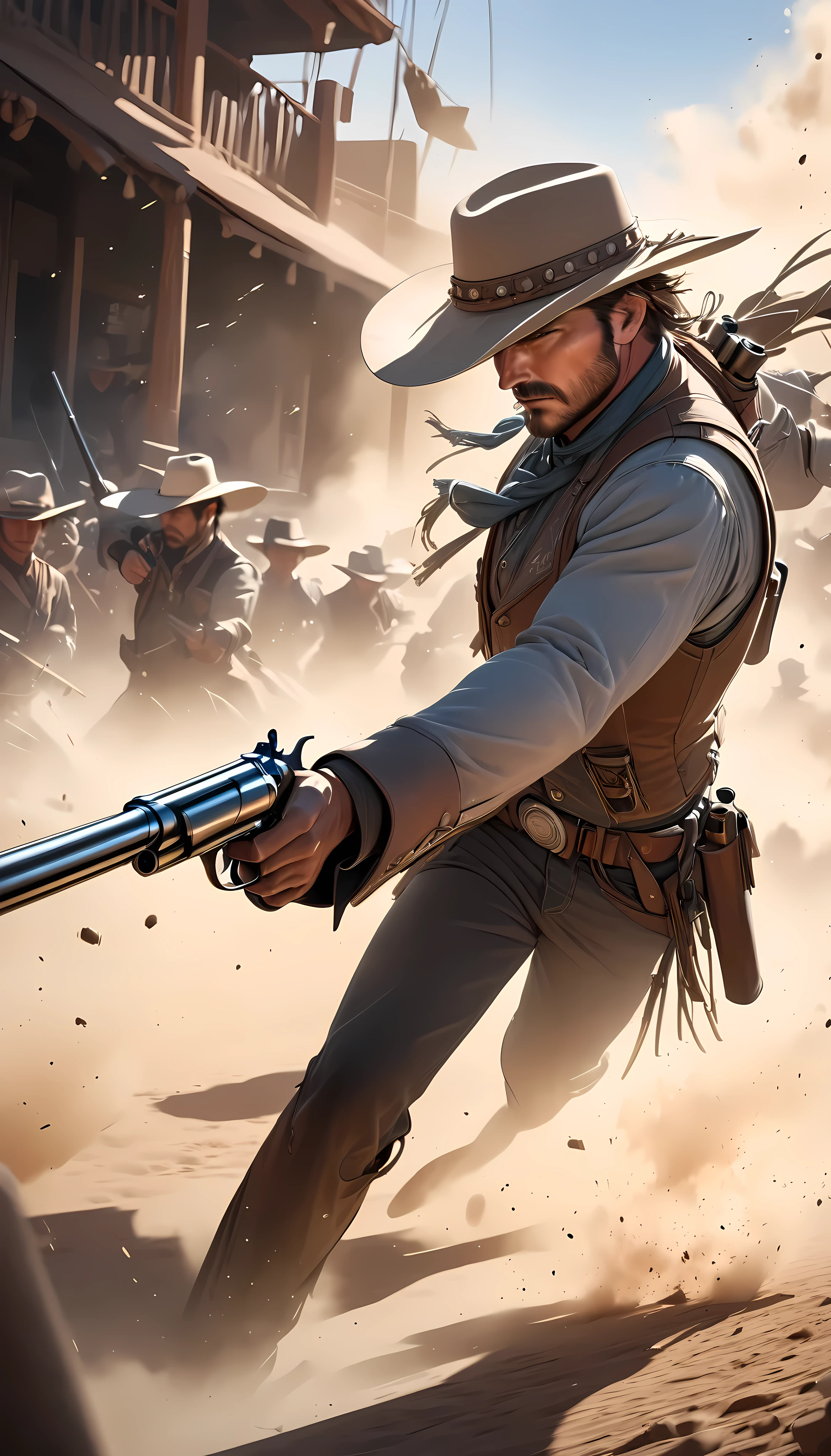 High purity, ultra-clear image quality, Western Cowboy, gunner, duel of Early firing, Dust dances in front of the bar, the stillness that takes your breath away. Dynamic, close-up, 