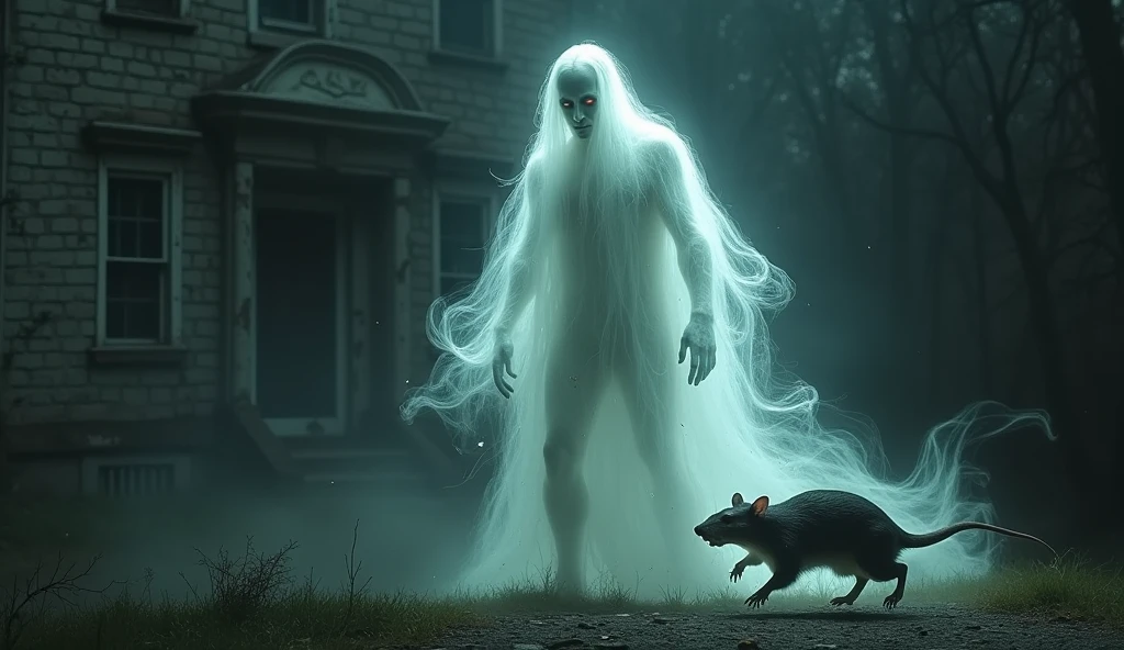 A Japanese ghost with a very long neck stretching out its neck to eat a dead deer at night.