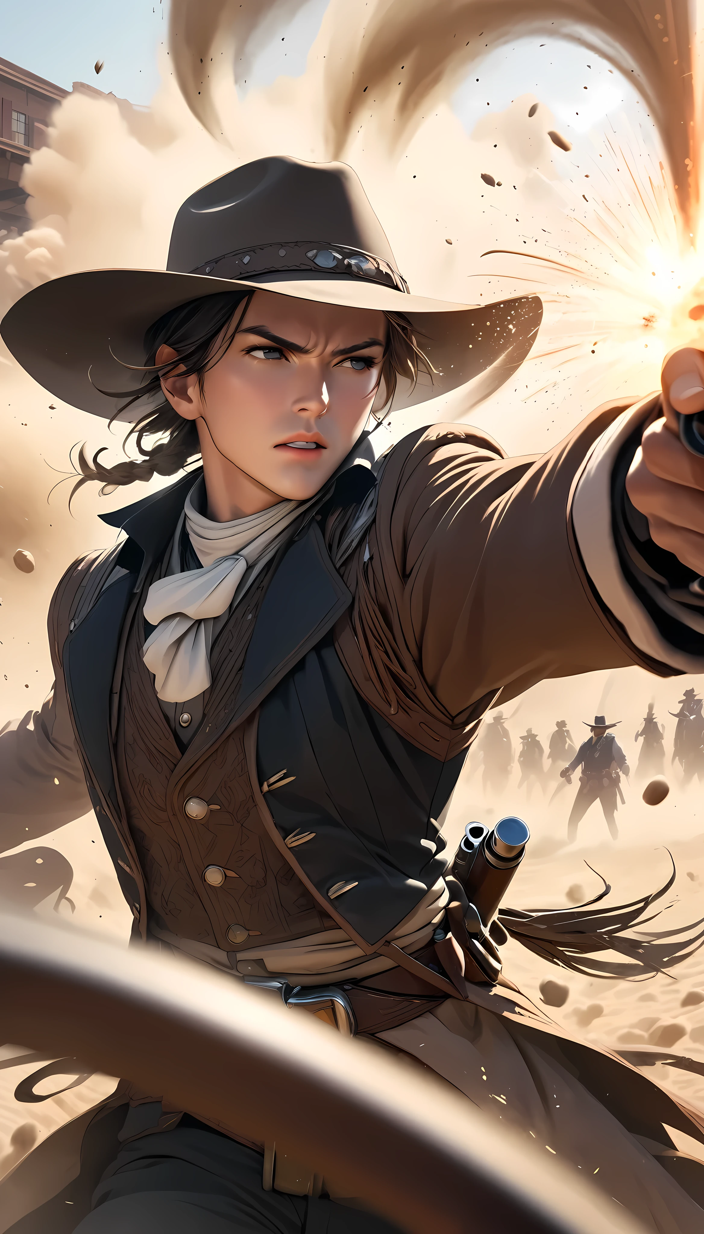 High purity, ultra-clear image quality, Western Cowboy, gunner, duel of Early firing, Dust dances in front of the bar, the stillness that takes your breath away. Dynamic, close-up, 