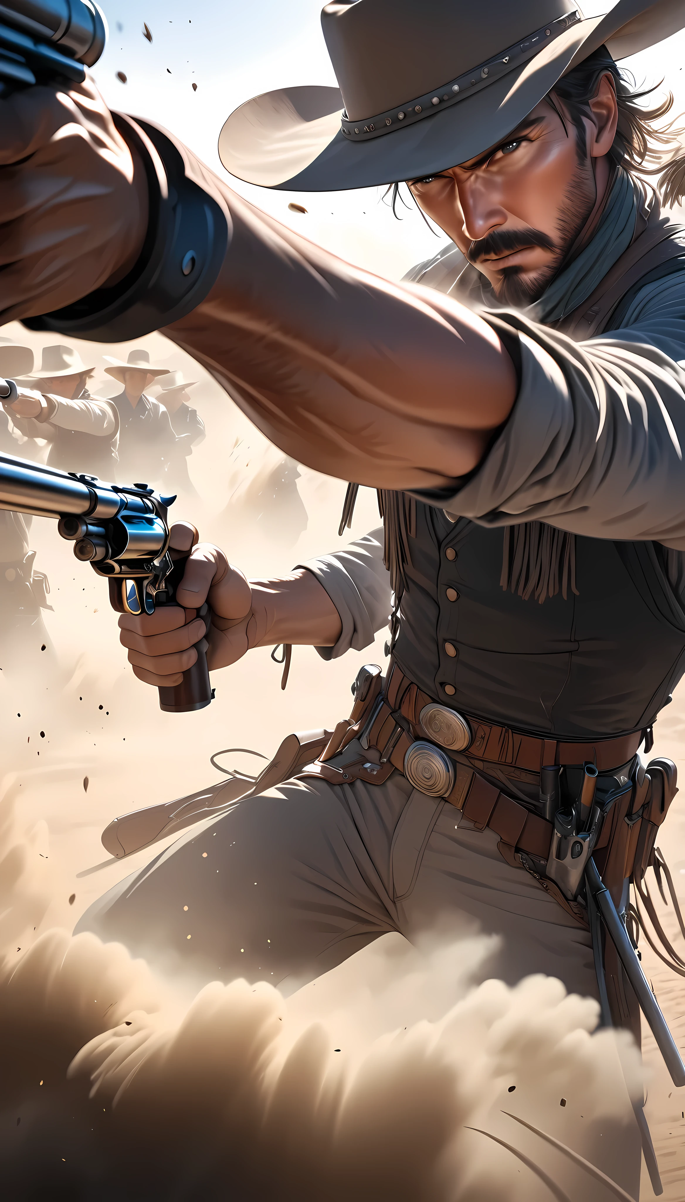 High purity, ultra-clear image quality, Western Cowboy, gunner, duel of Early firing, Dust dances in front of the bar, the stillness that takes your breath away. Dynamic, close-up, 