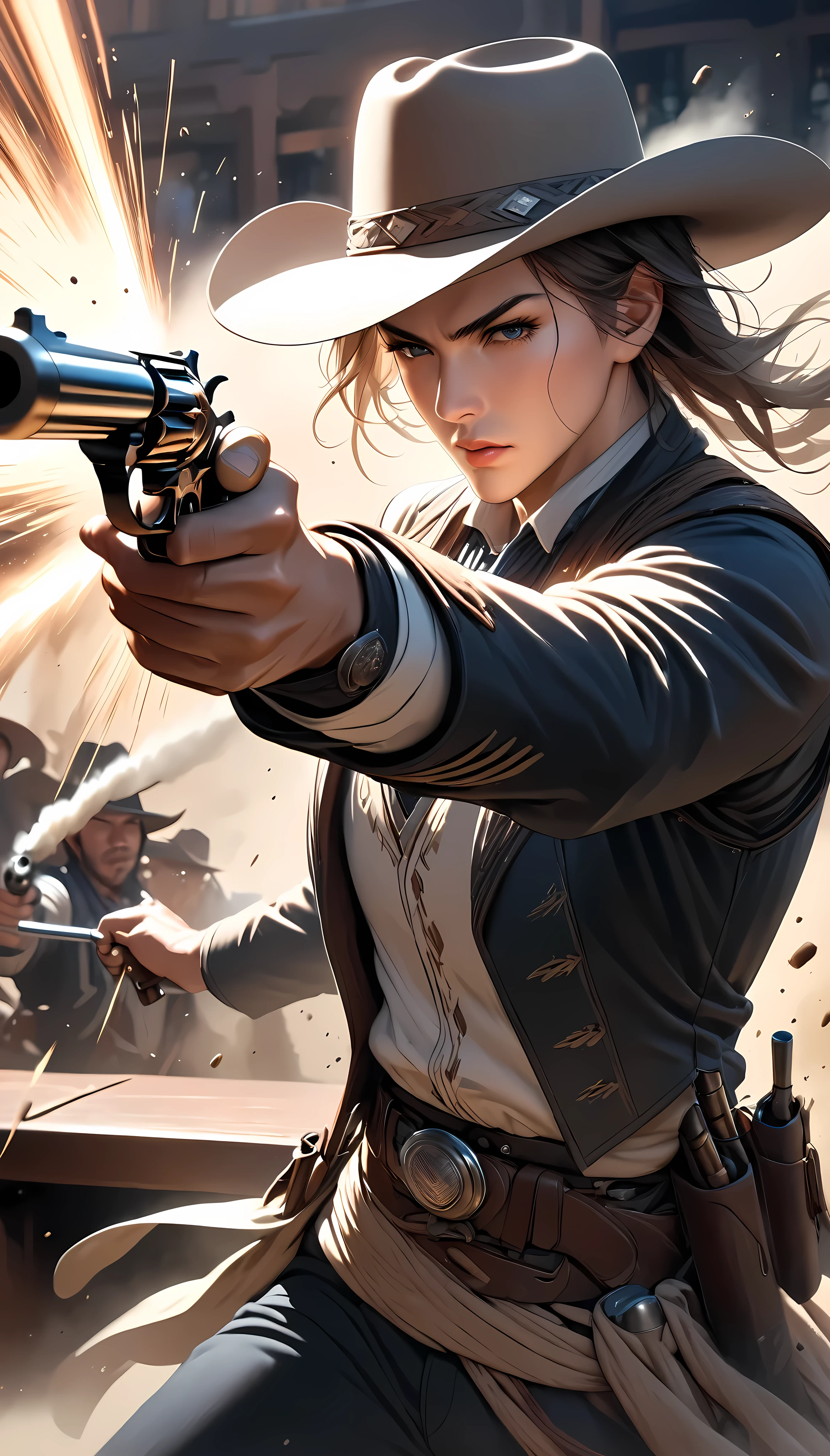 High purity, ultra-clear image quality, Western Cowboy, gunner, duel of Early firing, Dust dances in front of the bar, the stillness that takes your breath away. Dynamic, close-up, 