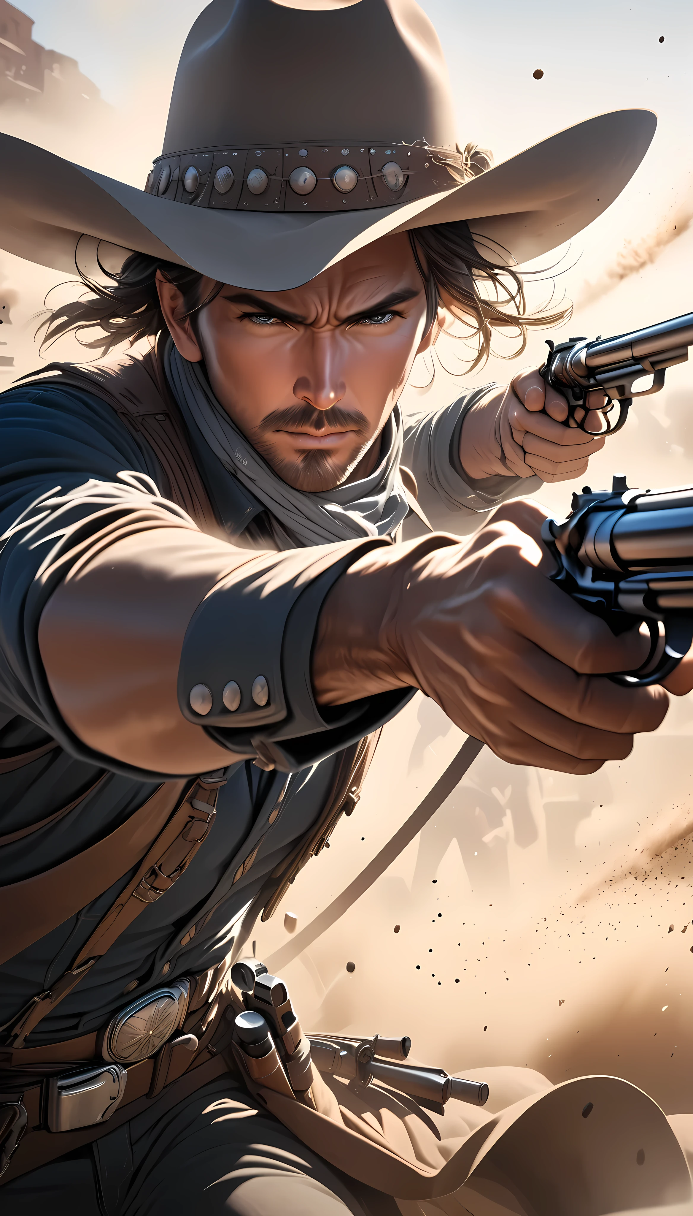 High purity, ultra-clear image quality, Western Cowboy, gunner, duel of Early firing, Dust dances in front of the bar, the stillness that takes your breath away. Dynamic, close-up, 