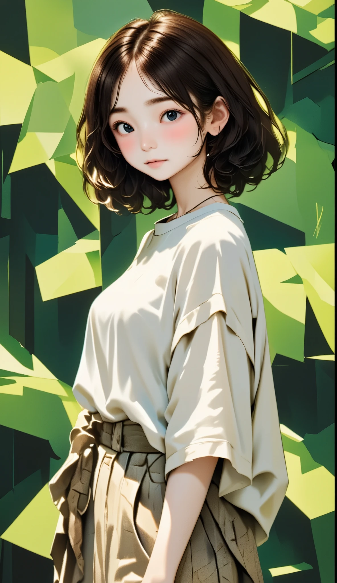 Geometric background:1.3、dark、 cute girl hair、Look Away、white baggy Ｔ shirt、プリント shirt、 loose fit garment、Retro、 best quality、Super detailed、High quality details、green