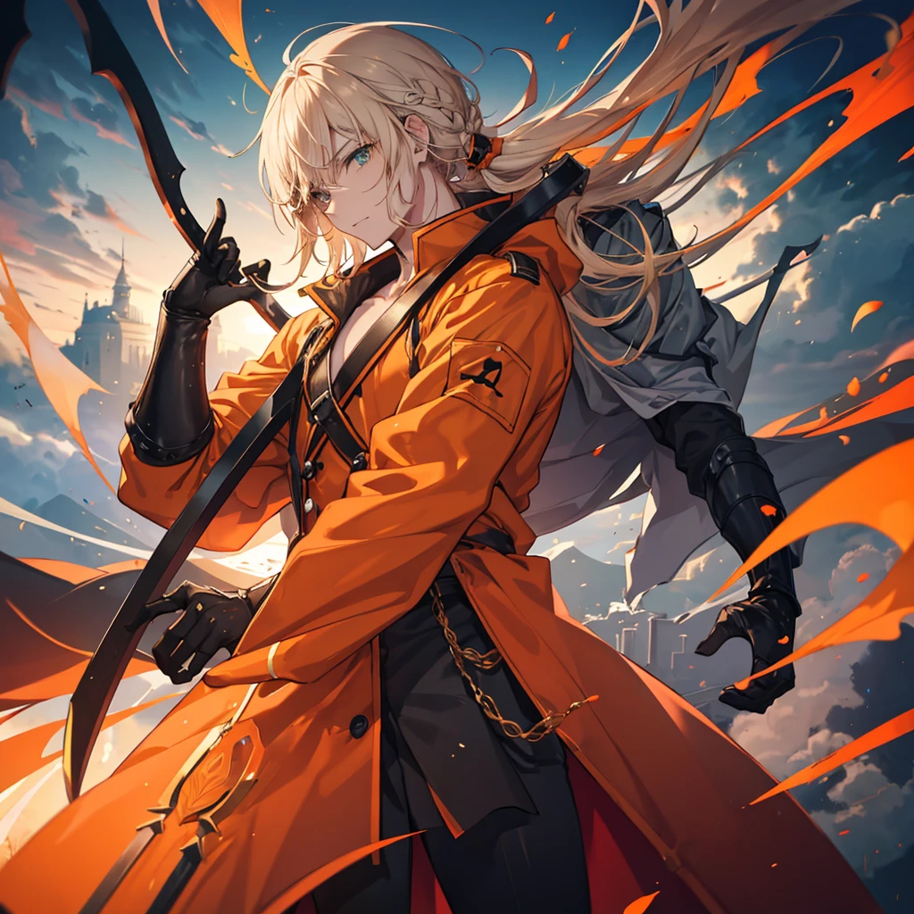 {{{ orange battle coat}}}, Orange and black outfit ,  long brand hair,  straight hair ,  long bangs  ,  close your mouth and laugh , ４０age,  handsome, Muscular, Narrow green eyes ,  Official Art、  best quality、  Unity 8K Wallpaper 、32K、masterpiece、Super detailed, Male nose, Male Eyes  , Male outline  ,  male skeleton  ,{{{ carrying a large red sword }}}, Fighting in the old battlefield ,  acrobatic poses,