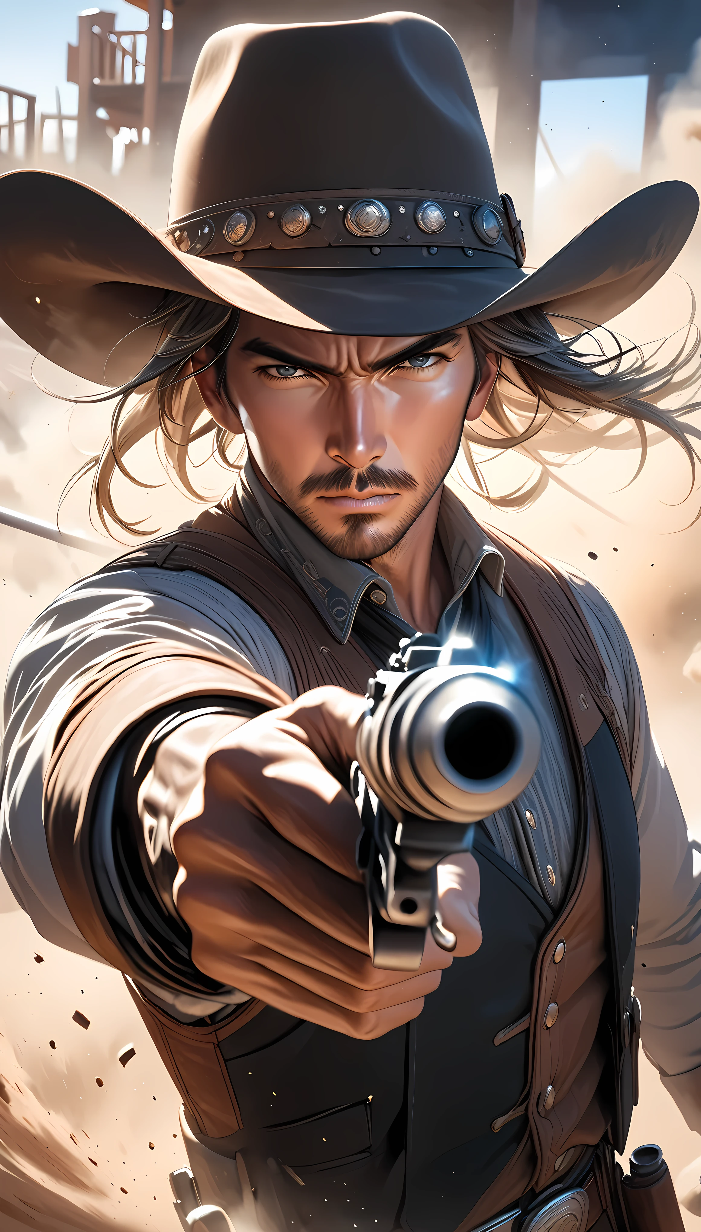 High purity, ultra-clear image quality, Western Cowboy, gunner, duel of Early firing, Dust dances in front of the bar, the stillness that takes your breath away. Dynamic, close-up, 