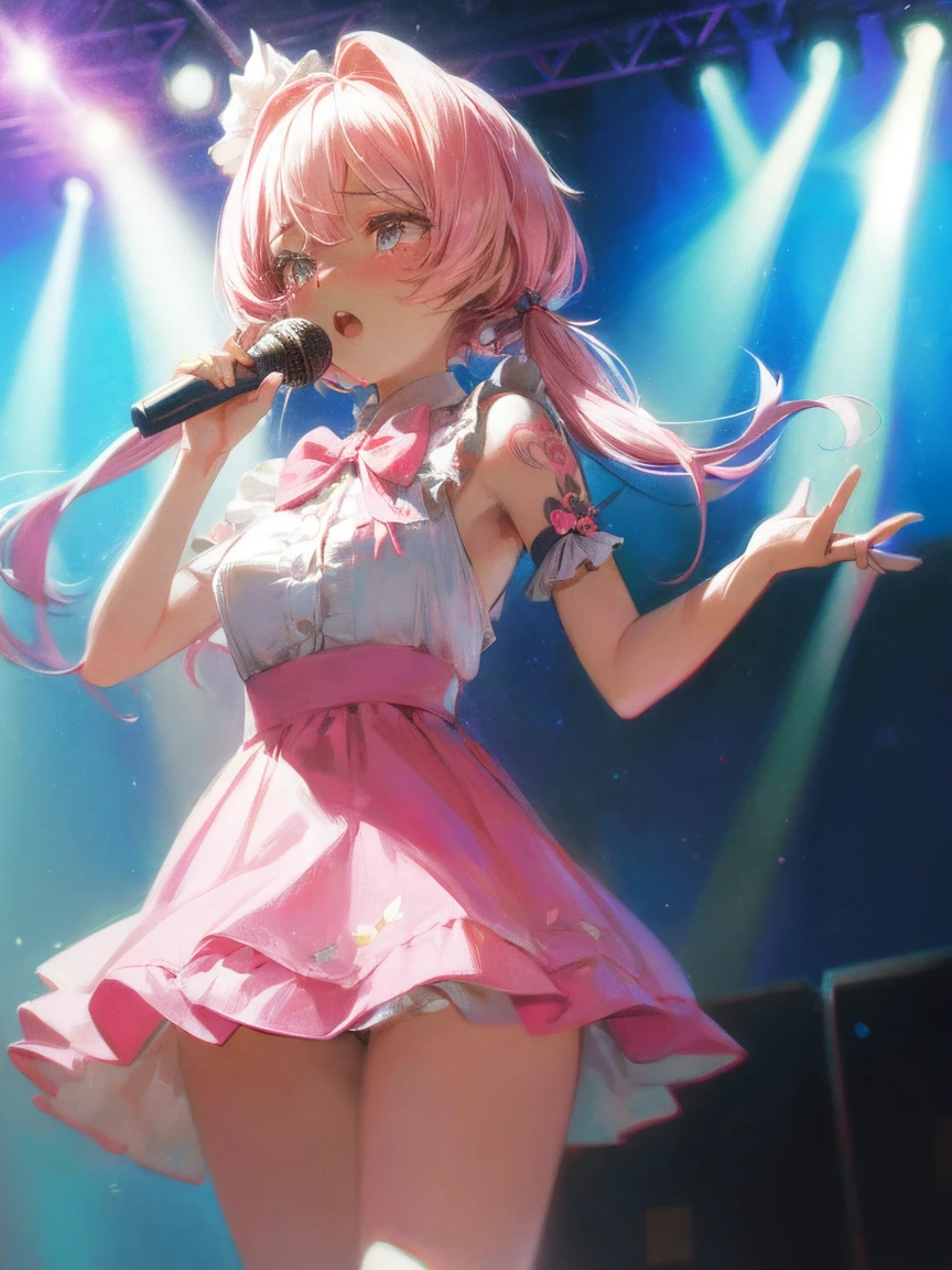 (masterpiece, highest quality:1.2), (NSFW), 1 girls, , ((She's wearing a very cute outfit)), ((magical pink girl outfit,frill mini skirt:1.1)) ,Holding a microphone , ((Concert Venues)), (eyes half closed), (large tears), (lots of drool), The body shakes violently, ((Hasselblad Photos)), [:(detailed face:1.2):0.2], , Pink twin-tail hairstyle , Big Boobs, ((nsfw)) , (Cute tattoo) , orgasm , aroused , Pink twin-tail hairstyle,