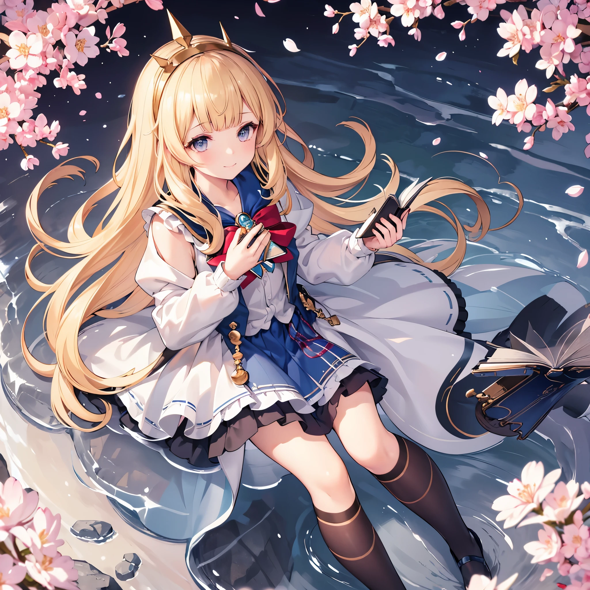 masterpiece, best quality, highly detailed, intricate details, 1girl, a girl hugging a magic book while walking on a stone-paved path, book, gbf-cagliostro, blonde hair, long hair, (blunt bangs:0.88), blue eyes, blue hairband, hair ornament, brooch, prestige school uniform, blue jacket, brown cardigan, red plaid bowtie, jewelry, blue skirt, clothing style lines, white kneehighs, black mary jane shoes, looking up, light smile, cherry blossom branches, falling cherry fetals, lawn, romantic lighting, heartwarming, from above