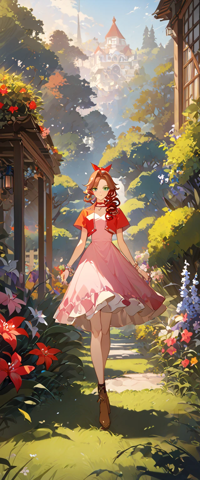 masterpiece, best quality, 8k, 4k, 1girl, aerith gainsborough, brown hair, high middle bang, longer side curly bang, long tight curly ponytail, green eyes, red hair ribbon, red bolero jacket, short sleeve jacket, cropped jacket, black tie choker, long pink straight dress, brown boots, bangles, walking in a garden, flowers, detailed background,, inspired by Asukaziye artist : ask, art style : ask