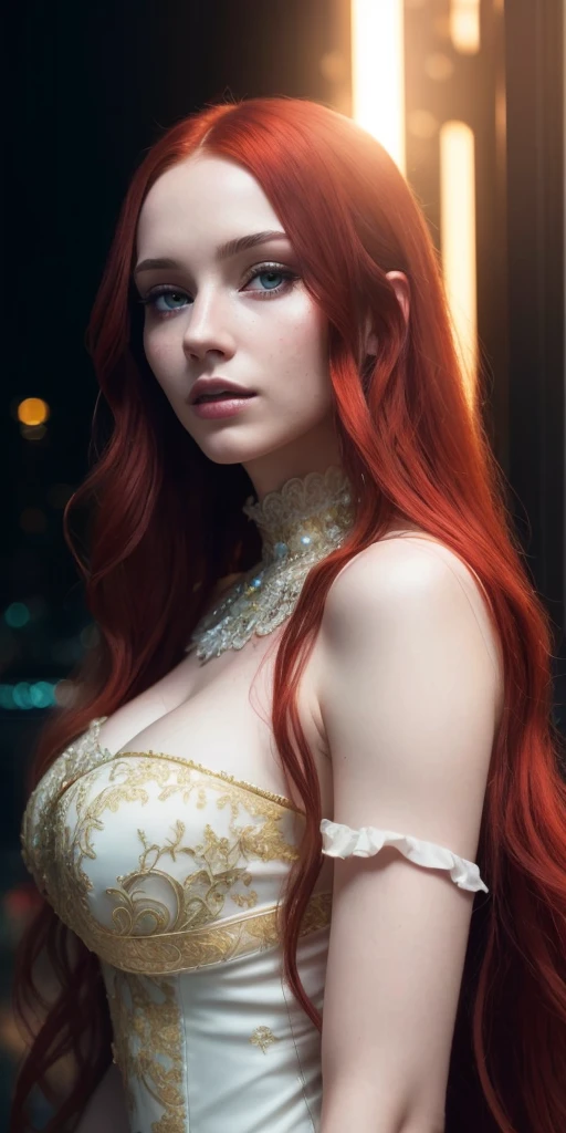 close up of a ginger woman in a stunning white dress, <lora:sh4rr0nt4t3:1>, neck choker, in a medieval home, RAW, 8K, UHD, stunning eyes, natural skin
