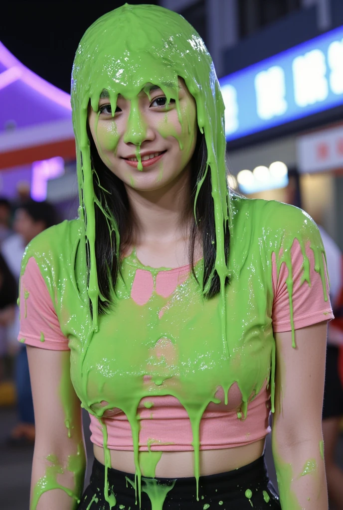 Film Photograph taken with a Leica camera of beautiful Chinese girl girl walking covered in green slime. (pink cropped tshirt. Black miniskirt: 1.2). Nighttime . Outside. Vietnam in background. Neon lights. Bokeh. Glistening slime. The photo has a f/1.4 aperture and is in hyper-realistic style. Chinese girl covered in dripping green slime. dripping goo.  slime dripping, slime dripping, slime on face, slime on hair, slime on head, slime. (Raw photo:1.2), (photorealistic:1.4), extreme realism, super detailed, high resolution, very detailed, best quality, 8k, sexy, alluring, sultry, detailed skin, detailed skin texture, realistic skin, best quality, viscous strands of custard dripping, wearing makeup, hair covered in slime , (Chinese girl, winged eyeliner, dark eyeshadow: 1.3), film grain, film grain on photo