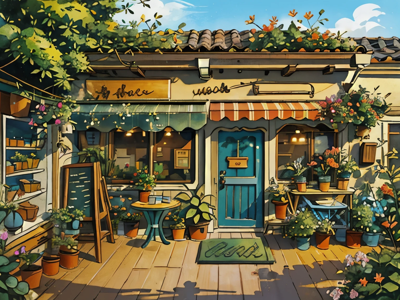 JZCG021,Flower store,coffee spot,tables,chairs,no one,windows,flowers,plants,potted plants,watercolor (medium),landscapes,doors,air conditioning,paintings (medium),traditional media,houses,outdoors,balconies,architecture,masterpiece,best quality,high quality,Botanical,, masterpiece,best quality,high quality, moss, blue sky