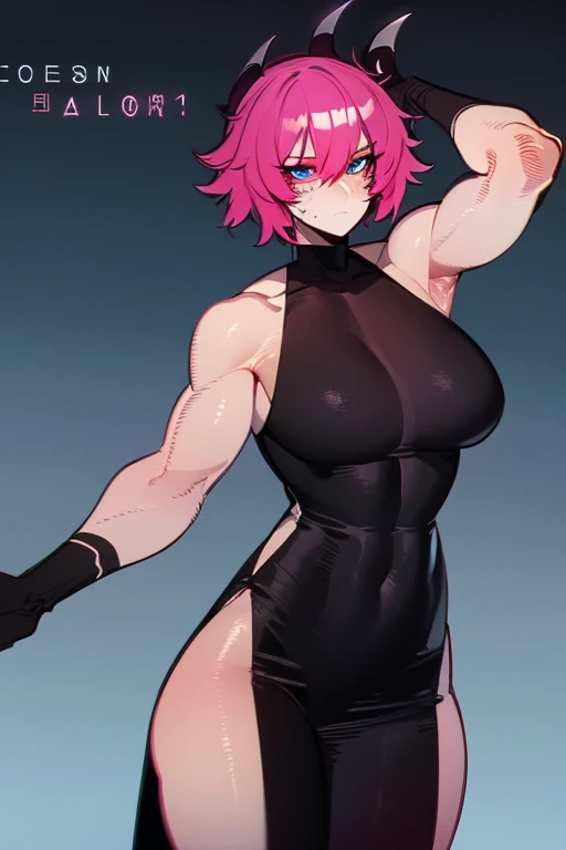  Hybrid female character art ,  with animal and human traits .  She has long and voluminous pink hair ,  bright and penetrating blue eyes ,  provocative and trusting expression . ((The body is muscular, with defined abdomen,  strong arms and traces of gray Involving part of your skin)).  She is wearing a black top that highlights her robust physique .  The hands and arms have animalistic details ,  including claws and dark texture . The pose transmits force ,  determination and a challenging attitude .  Dark background that highlights the intensity of the design .