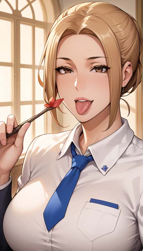 masterpiece, ,(solo:1.1), perfect face, (bright lighting:1.2),beautiful detailed eyes, extremely detailed face, perfect lighting,masterpiece, best quality, ((mature female)), ((large breasts)), 30yo female, 1girl, penis, hetero, 1boy, fellatio, oral, solo focus, pov, red lips, short hair, blonde, provocative, tease, lips, lipstick, red lips, red lipstick, blazer, face closeups
