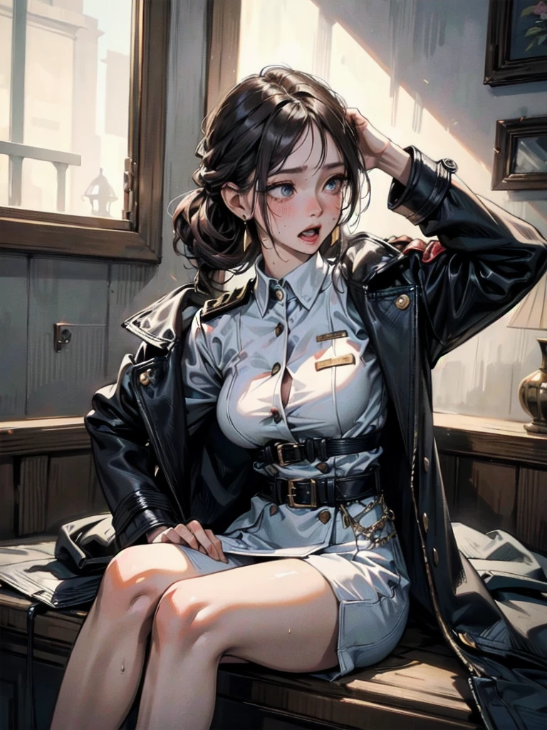 (Masterpiece: 1.2, highest quality), 1 mature woman, solo, upper body), bob hair, curvaceous, smooth straight hair, stylish lip color, luxury watch and jelly, black jacket, white shirt, black tight skirt , inside the company, looking at me, shy, blushing,