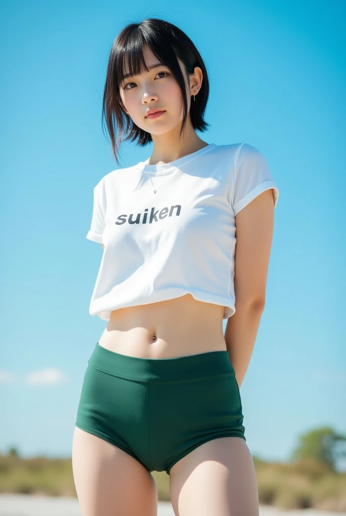 19 year old, (beautiful Japanese female REIKA:1.3), (beautiful short hair cecile cut hair:1.3), beautiful nape, best proportion, professional photo, ultra detailed, 15mm film, portrait, highest quality, arms behind back, not bikini, (white short T-shirts "suiken" white-green tight short pants lowrise:1.3),  close up thick thigh smooth thigh radiant thigh focus from thigh under angle, outdoor blue sky,