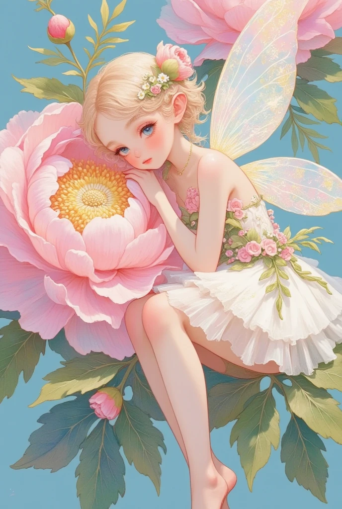  A fairy with wings sits on a blooming peony,  beautiful eyes，Cross your legs，Wear a dress with frills，