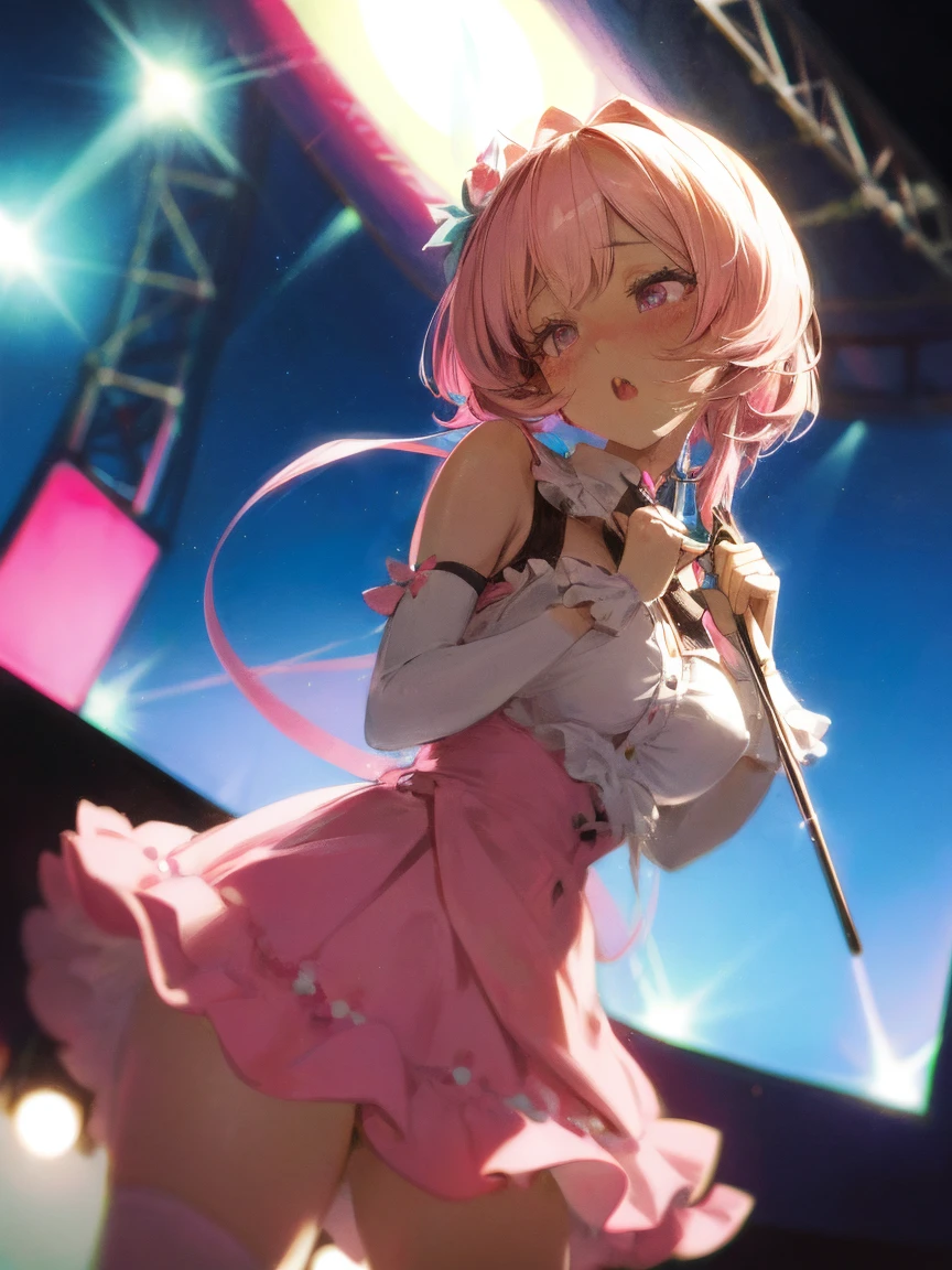 (masterpiece, highest quality:1.2), (NSFW), 1 girls, , ((She's wearing a very cute outfit)), ((magical pink girl outfit,frill mini skirt:1.1)) ,Holding a microphone , ((Concert Venues)), (eyes half closed), (large tears), (lots of drool), The body shakes violently, ((Hasselblad Photos)), [:(detailed face:1.2):0.2], , Pink twin-tail hairstyle , Big Boobs, ((nsfw)) , (Cute tattoo) , orgasm , aroused , Pink twin-tail hairstyle,Her breasts are spilling out and her nipples are visible