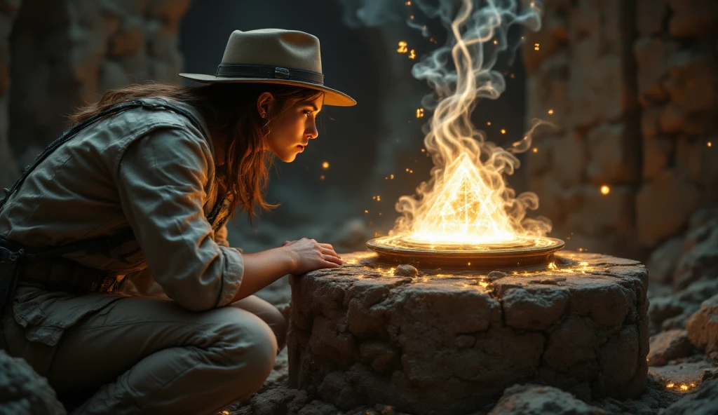 Dr. Eleanor Hayes, the lead archaeologist, carefully examines a glowing artifact embedded in an ancient stone pedestal. Symbols around the artifact shimmer with mysterious energy.
Image Prompt: Dr. Eleanor Hayes, a determined woman in 1960s-style explorer attire, examining a mysterious, glowing artifact embedded in a carved stone pedestal, intricate alien symbols around it, dramatic side lighting