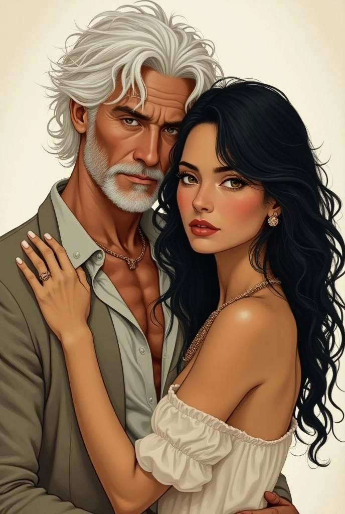 couple , white bald man with white beard aquiline nose round glasses with dark lenses black t-shirt , bourgeoisie woman with very dark hair and blue eyes , nose raised , air of sexuality arm in arm with the man