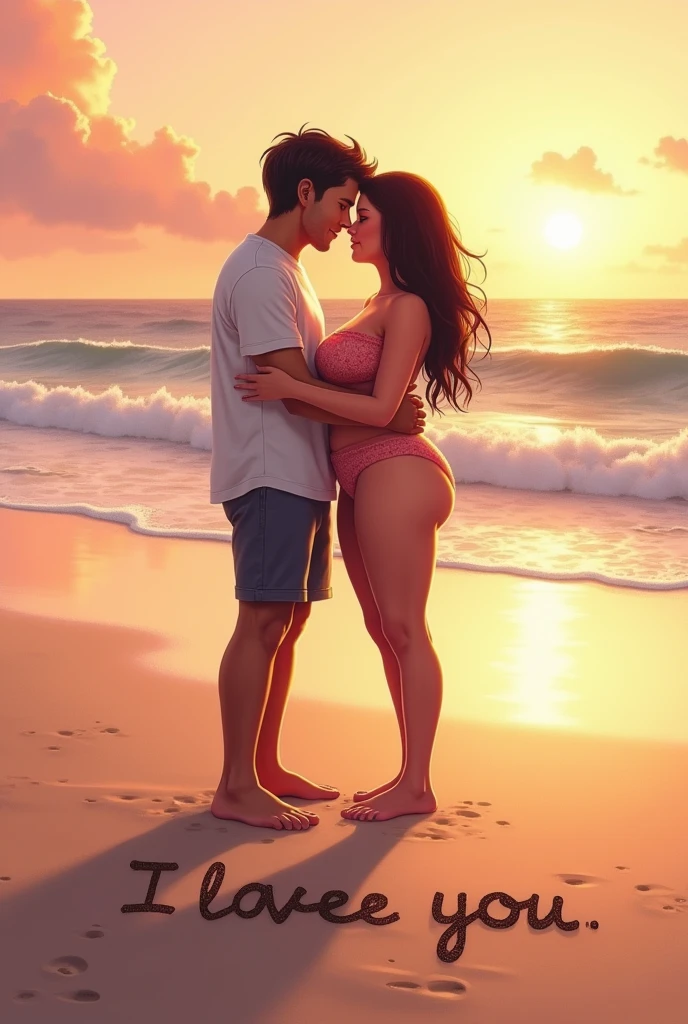 a shirtless muscular man with a chiseled physique and a curvy woman with an hourglass figure lying passionately together on a tropical beach, intimate romantic moment, perfect round ass, hard erect penis, missionary position, wide hips, thick muscular thighs, glowing skin, ocean waves crashing in the background, golden hour lighting, cinematic dramatic lighting, highly detailed, photorealistic, 8k