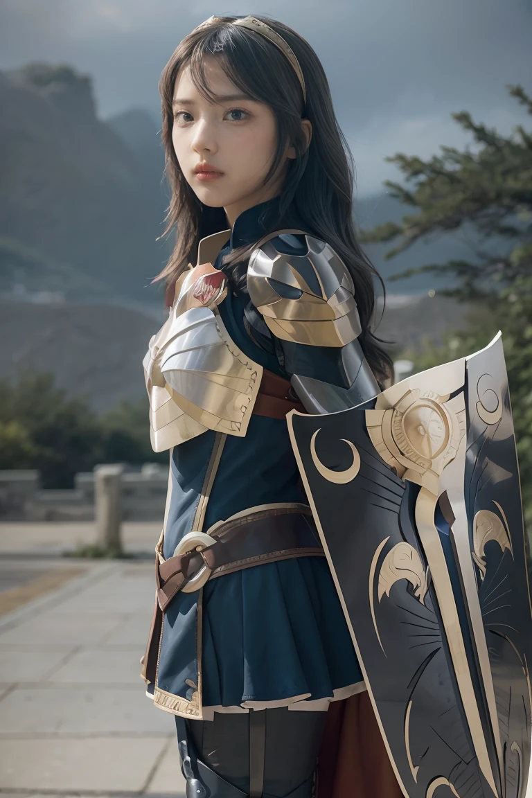 masterpiece, best quality,  brvLucy, tiara, cape, full armor, breastplate, gauntlets, armored legwear, standing, grey sky, shield, holding shield, from side, furrowed brow, looking at viewer