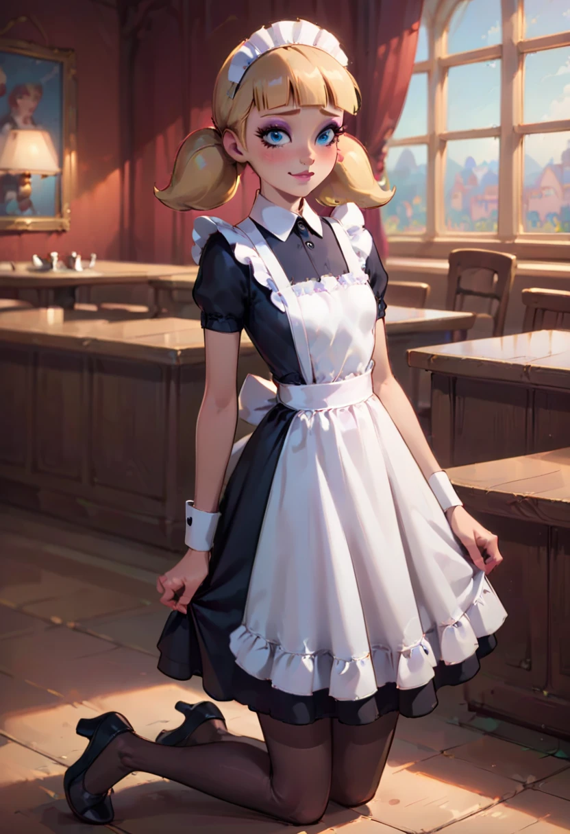 score_9, score_8_up, score_7, 1girl, solo, penny_ig, (adult body:1.2), perfect eyes, slim body, small perky breasts, small butt, narrow hips, blonde hair, twintails, blue eyes, makeup, eyeliner, eyeshadow, lipstick, shy smile, l0ngm41d, short sleeves, bow, erotic apron, short dress, maid, frilled apron, kneeling sensually, crowded cafeteria